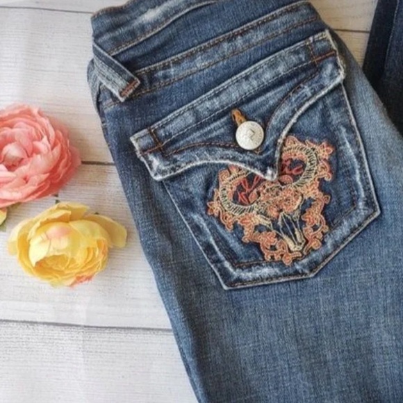 RARE Y2K Ultra Low Rise Distressed Hip-Huggers Embroidery Jeans Nicole Richie - Picture 3 of 4